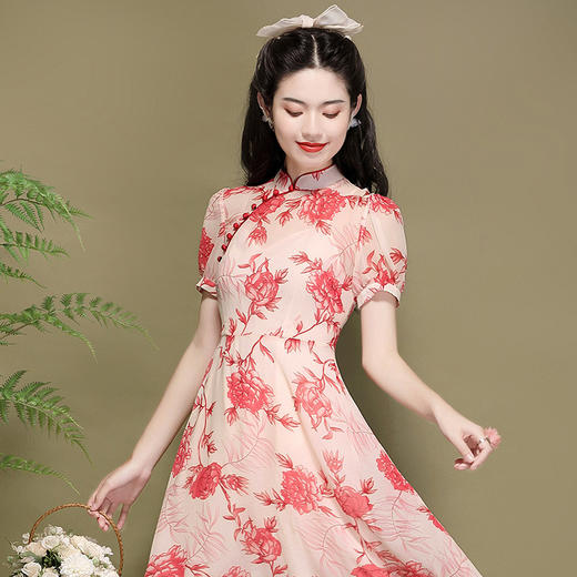 OY-220302国潮夏季新款雪纺印花泡泡袖连衣裙优雅气质改良年轻款旗袍220302 商品图2