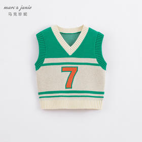 马克珍妮秋装新款 男童V领米绿拼色全棉针织马甲221500