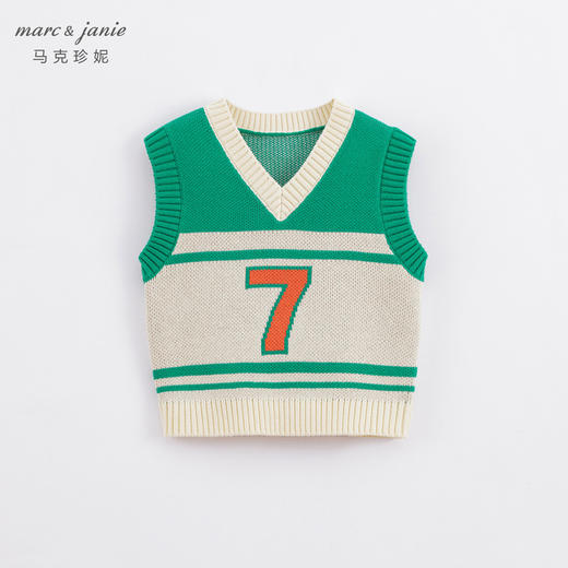马克珍妮秋装新款 男童V领米绿拼色全棉针织马甲221500 商品图0