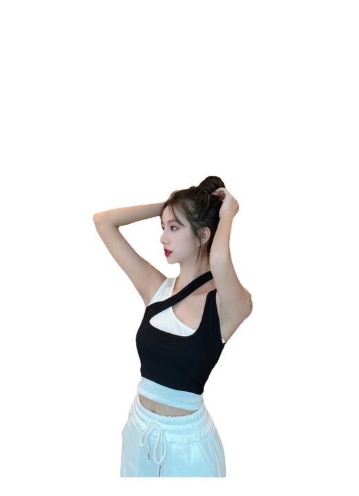 黛唯梵【时尚撞色斜肩】假两件背心带胸垫内衣，螺纹人棉高弹背心打底外穿美背 商品图4