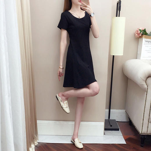 纯棉短袖连衣裙2021夏装新款女装修身显瘦百搭黑色a字中长裙子女 商品图2