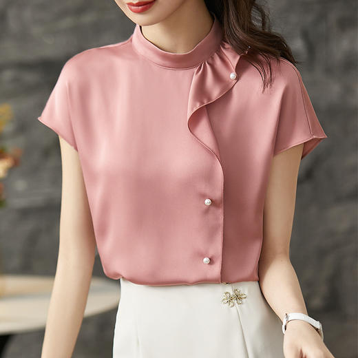 优雅知性时尚上衣夏季荷叶边装饰设计感立领短袖衬衫 RWQ1326 商品图3