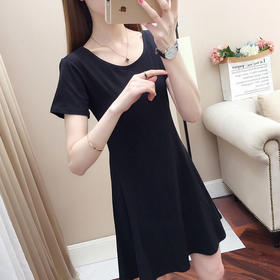 纯棉短袖连衣裙2021夏装新款女装修身显瘦百搭黑色a字中长裙子女