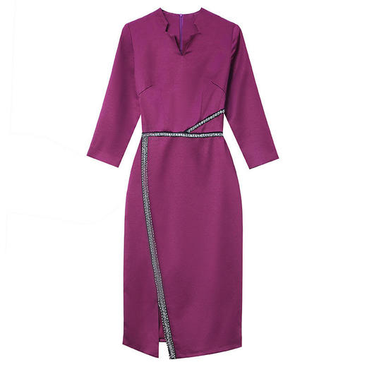 ZLFS-HX16229新款轻熟风V领七分袖钉珠不规则包臀连衣裙 商品图4