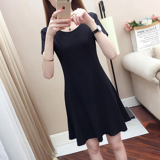 纯棉短袖连衣裙2021夏装新款女装修身显瘦百搭黑色a字中长裙子女 商品图1