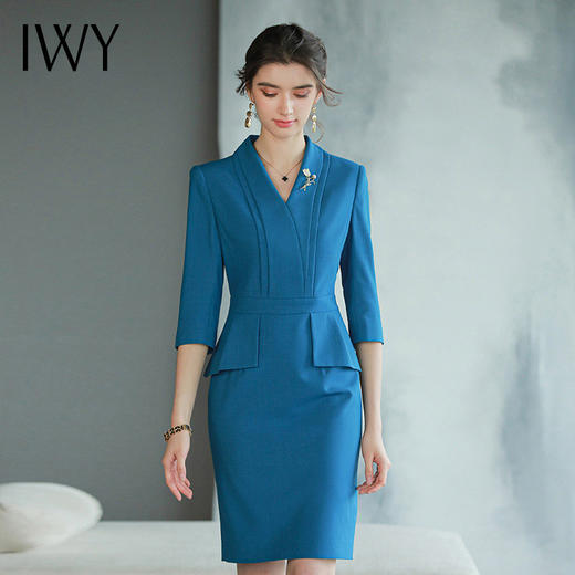 IWY/蓝色职业西装商务西装连衣裙短裙干练2022新款五分袖修身包臀Q749 商品图2