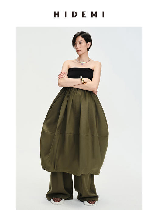 HIDEMI简约设计感弹⼒针织拼接多穿式蓬蓬裙摆茧型裙
⿊⾊/军绿⾊ 商品图3