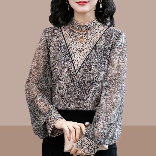 MZ804064 高端刺绣衬衫女装2022春季新款时尚复古印花灯笼袖雪纺衫长袖上衣 商品图5