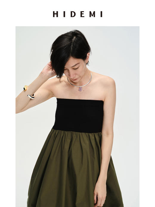 HIDEMI简约设计感弹⼒针织拼接多穿式蓬蓬裙摆茧型裙
⿊⾊/军绿⾊ 商品图8