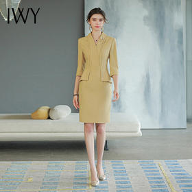 IWY/黄色知性OL纯色办公职业连衣裙女五分袖新款简约浅黄修身短袖裙子 Q749-Y