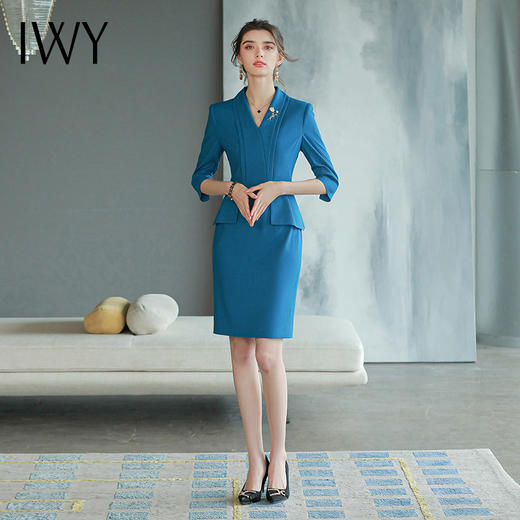 IWY/蓝色职业西装商务西装连衣裙短裙干练2022新款五分袖修身包臀Q749 商品图0