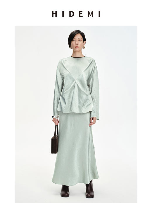 HIDEMI冷杉绿褶皱醋酸设计感镶边套装 上⾐/半身裙 商品图0