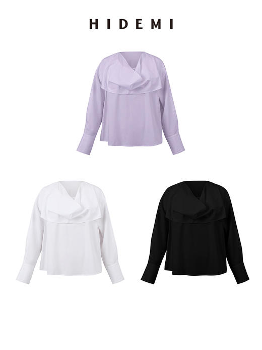 HIDEMI不规则堆领设计感⽔洗棉衬衫 奶油紫/⽩⾊/⿊⾊ 商品图8