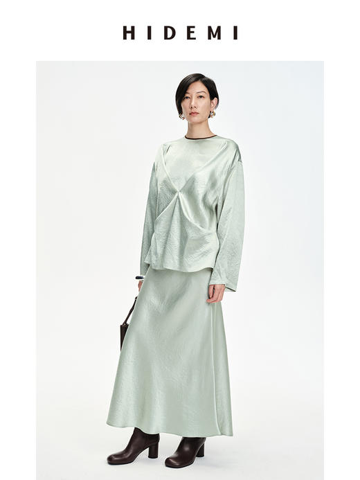 HIDEMI冷杉绿褶皱醋酸设计感镶边套装 上⾐/半身裙 商品图4