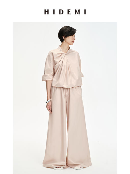 HIDEMI 设计感⽔洗棉褶皱套装 ⾁桂粉/⽩⾊/⿊⾊ 商品图2