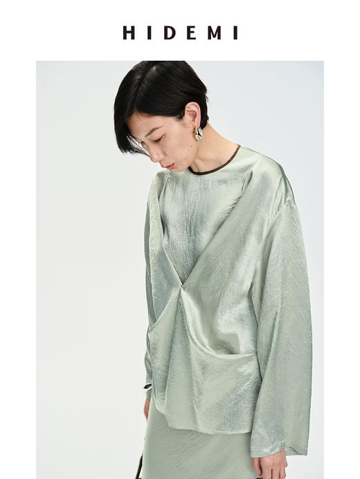HIDEMI冷杉绿褶皱醋酸设计感镶边套装 上⾐/半身裙 商品图6