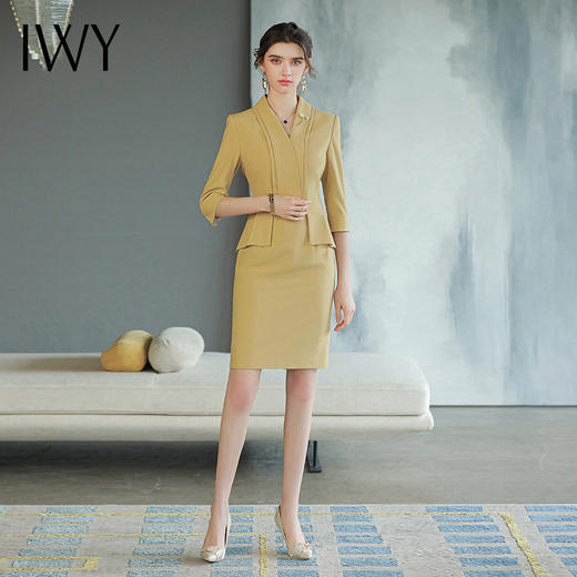 IWY/黄色知性OL纯色办公职业连衣裙女五分袖新款简约浅黄修身短袖裙子 Q749-Y 商品图3