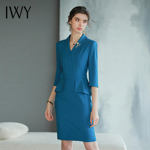 IWY/蓝色职业西装商务西装连衣裙短裙干练2022新款五分袖修身包臀Q749 商品图4
