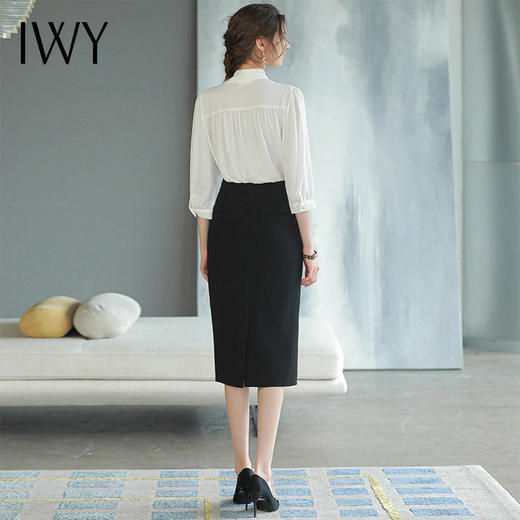 IWY/白色雪纺上衣女长袖衬衫套裙薄款职业装套装设计感半身裙工装B466+S1583 商品图3