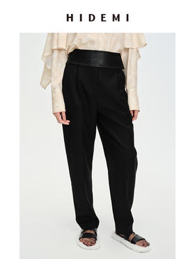 HIDEMI⿊⾊简约显瘦拼⽪⾼腰微锥形裤