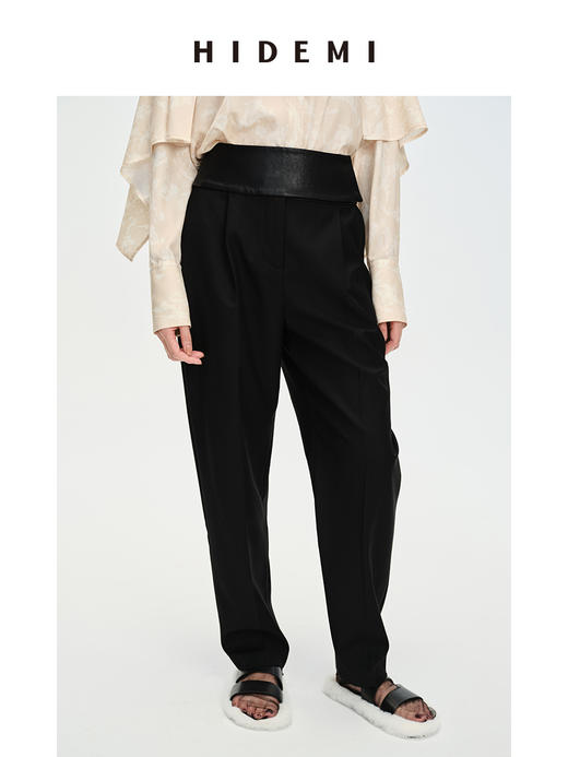 HIDEMI⿊⾊简约显瘦拼⽪⾼腰微锥形裤 商品图0
