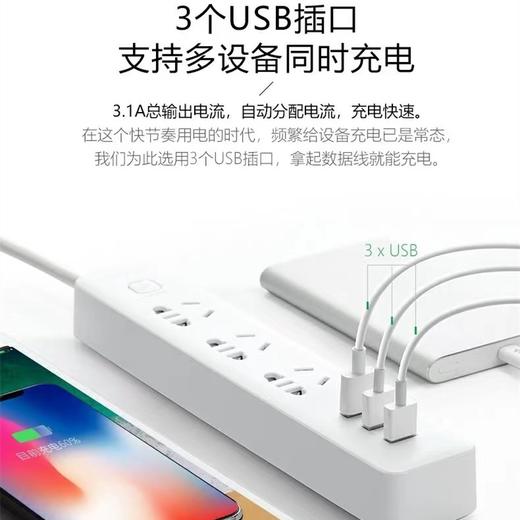 BULL/公牛小白USB插座插线板插排/排插3USB+3孔全长1.8米GN-B403U 商品图2