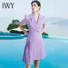 IWY/短袖紫色连衣裙女百褶裙双排扣新款设计感职业ol气质裙子时尚222092Q1 商品缩略图0
