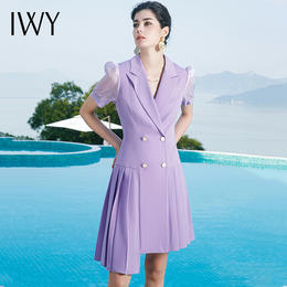 IWY/短袖紫色连衣裙女百褶裙双排扣新款设计感职业ol气质裙子时尚222092Q1