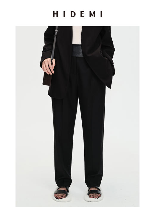 HIDEMI⿊⾊简约显瘦拼⽪⾼腰微锥形裤 商品图12