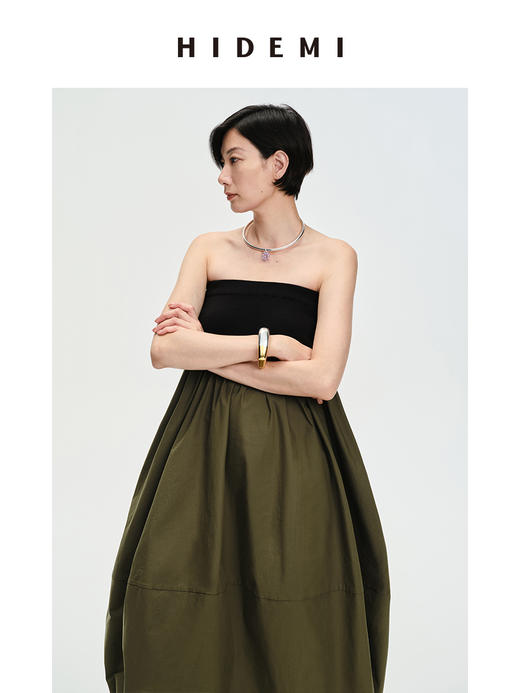 HIDEMI简约设计感弹⼒针织拼接多穿式蓬蓬裙摆茧型裙
⿊⾊/军绿⾊ 商品图6