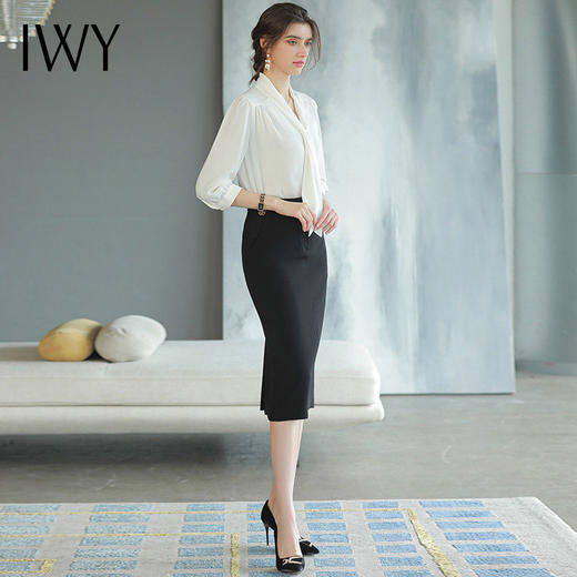 IWY/白色雪纺上衣女长袖衬衫套裙薄款职业装套装设计感半身裙工装B466+S1583 商品图4
