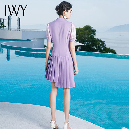 IWY/短袖紫色连衣裙女百褶裙双排扣新款设计感职业ol气质裙子时尚222092Q1 商品图3
