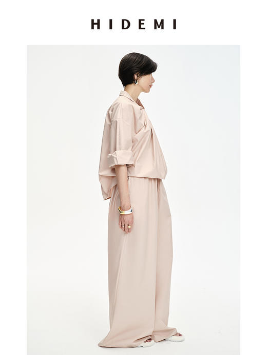 HIDEMI 设计感⽔洗棉褶皱套装 ⾁桂粉/⽩⾊/⿊⾊ 商品图3