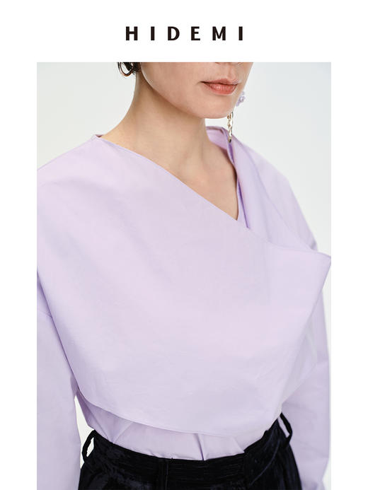 HIDEMI不规则堆领设计感⽔洗棉衬衫 奶油紫/⽩⾊/⿊⾊ 商品图4