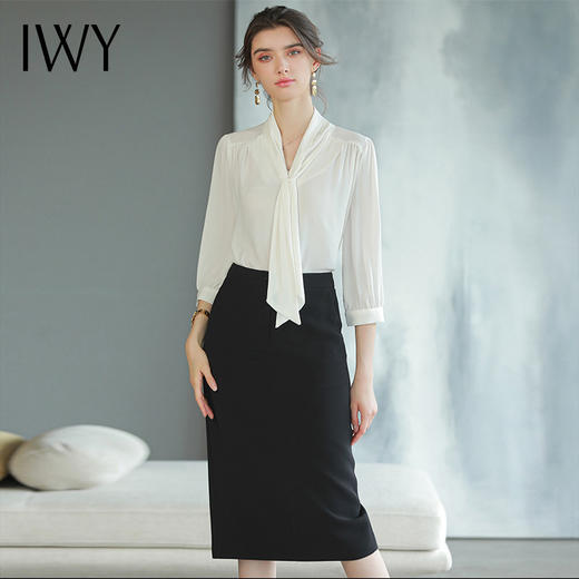 IWY/白色雪纺上衣女长袖衬衫套裙薄款职业装套装设计感半身裙工装B466+S1583 商品图0