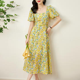 南油桑蚕丝双绉法式，方领显白印花长裙WLZD-2216102