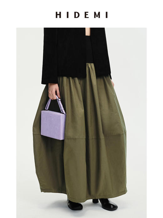 HIDEMI简约设计感弹⼒针织拼接多穿式蓬蓬裙摆茧型裙
⿊⾊/军绿⾊ 商品图1