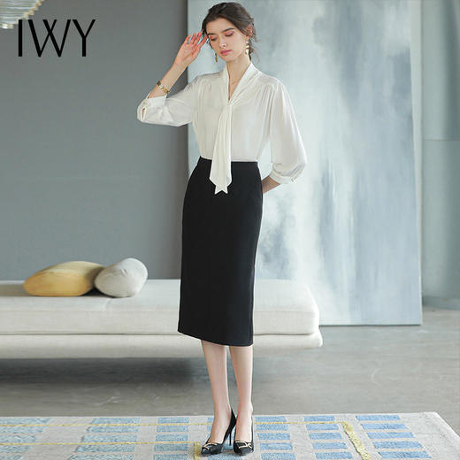 IWY/白色雪纺上衣女长袖衬衫套裙薄款职业装套装设计感半身裙工装B466+S1583 商品图1