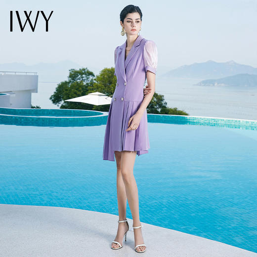 IWY/短袖紫色连衣裙女百褶裙双排扣新款设计感职业ol气质裙子时尚222092Q1 商品图2