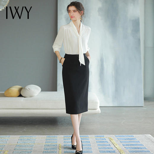 IWY/白色雪纺上衣女长袖衬衫套裙薄款职业装套装设计感半身裙工装B466+S1583 商品图2