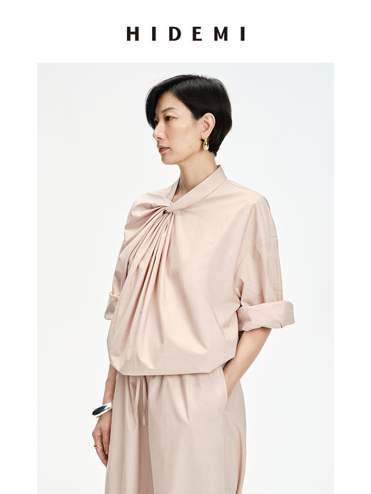 HIDEMI 设计感⽔洗棉褶皱套装 ⾁桂粉/⽩⾊/⿊⾊ 商品图4