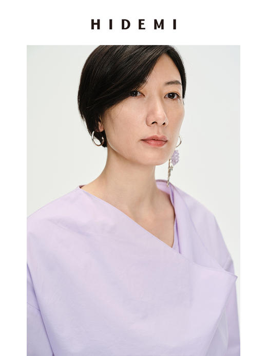 HIDEMI不规则堆领设计感⽔洗棉衬衫 奶油紫/⽩⾊/⿊⾊ 商品图3
