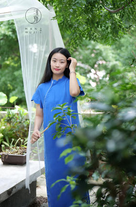 铜氨丝【群 青】荷叶边连肩袖旗袍