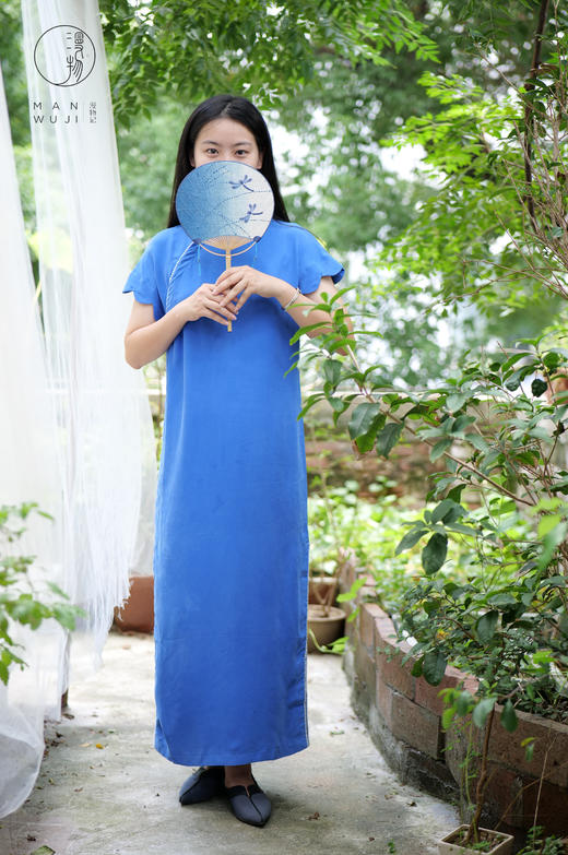 铜氨丝【群 青】荷叶边连肩袖旗袍 商品图4