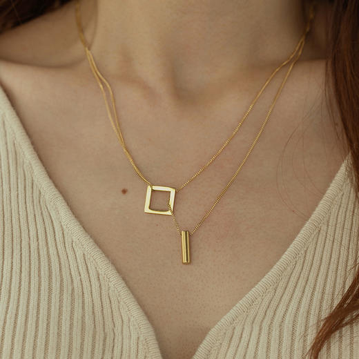 Oflye潮流饰品 钛钢项链女气质双层个性叠戴几何吊坠锁骨链夏季饰品 商品图0