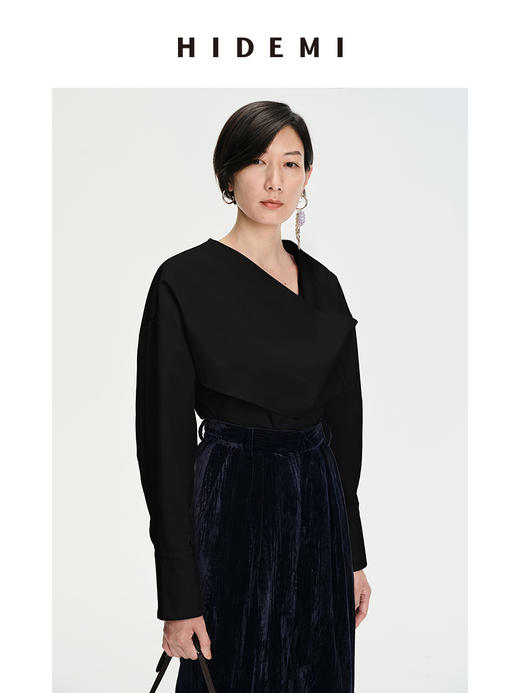 HIDEMI不规则堆领设计感⽔洗棉衬衫 奶油紫/⽩⾊/⿊⾊ 商品图7