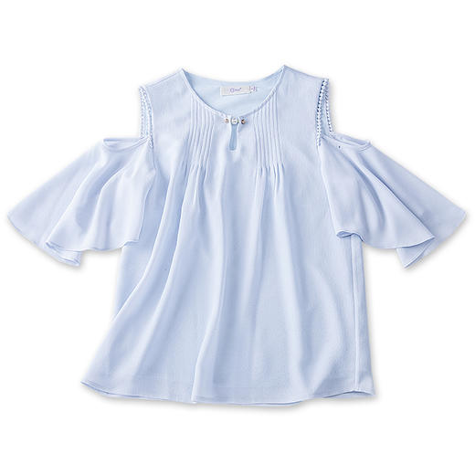 欧芮儿2017女士夏装新款宽松显瘦钉珠V领露肩套头纯色雪纺衫女 商品图3