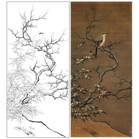 李迪工笔画花鸟白描底稿《雪树寒禽图》临摹勾线高清打印稿G008