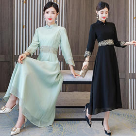 HT-XYX1812新款复古优雅气质修身立领七分袖过膝长款雪纺绣花连衣裙