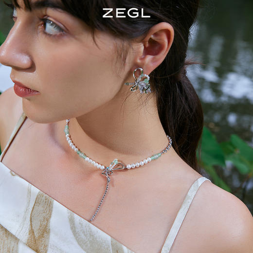 ZEGL设计师青绿绮梦系列新中式蝴蝶结绿玉髓项链女人造珍珠锁骨链 商品图5